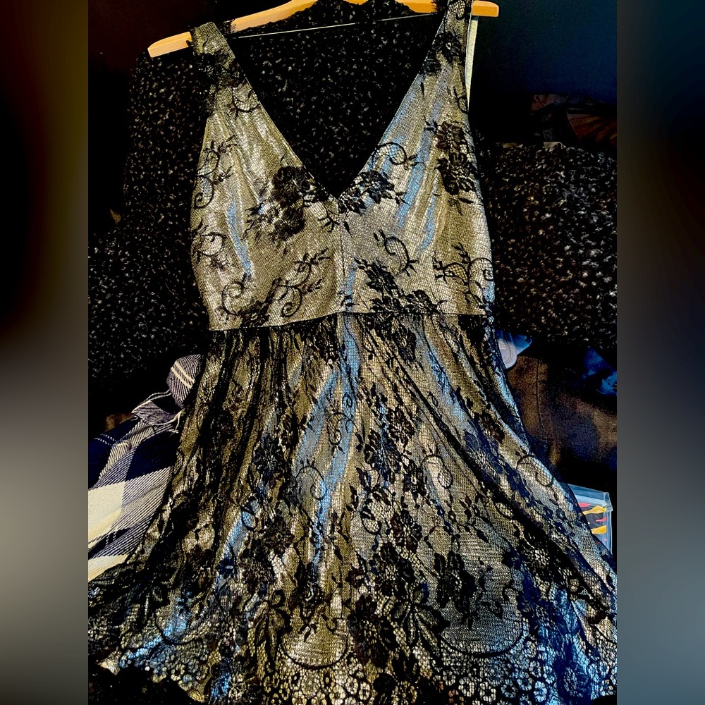 Silver foil & Black Lace Plunge/V-Neck Midi Dress